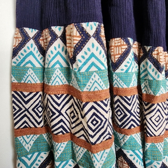 Vtg Boho Tiered Broom Skirt Blue Southwestern Aztec Midi Maxi - Picture 5 of 10